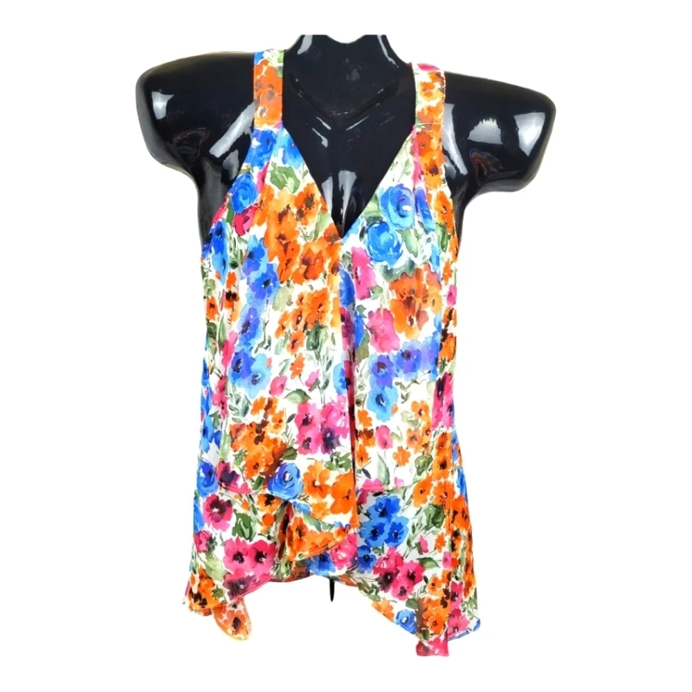 POETRY Flowy Spring Floral Print Hi-Lo Racerback Front Ruffle Top - Picture 1 of 11